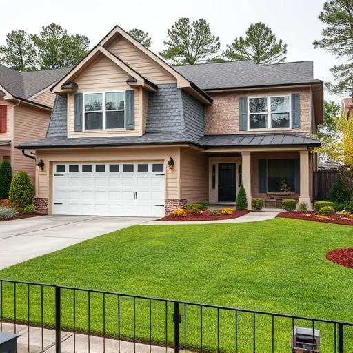 A modern suburban house with a well-manicured lawn and a two-car garage in a quiet Atlanta neighborhood.