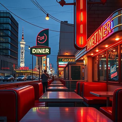 Classic American diner with red booths and neon signs in downtown Atlanta.