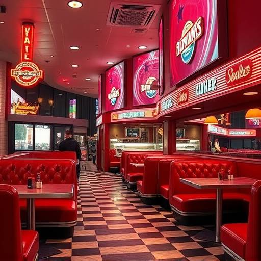 Classic American diner with red booths, checkered floor, and neon signage in downtown Atlanta.