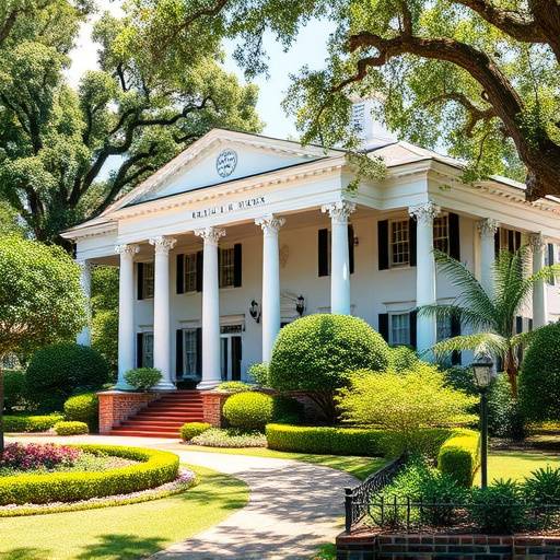 Grand antebellum mansion with white columns and sprawling gardens in a historic Atlanta suburb.