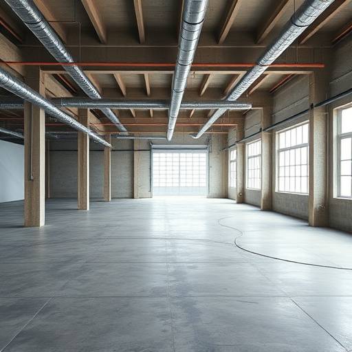Large, empty warehouse with concrete floors, exposed pipes, and natural light streaming in from large windows.
