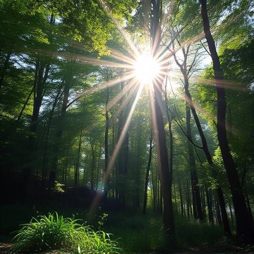 Lush green forest with sunlight streaming through the trees in a Georgia state park.