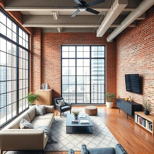 Modern loft apartment with exposed brick and large windows in downtown Atlanta.