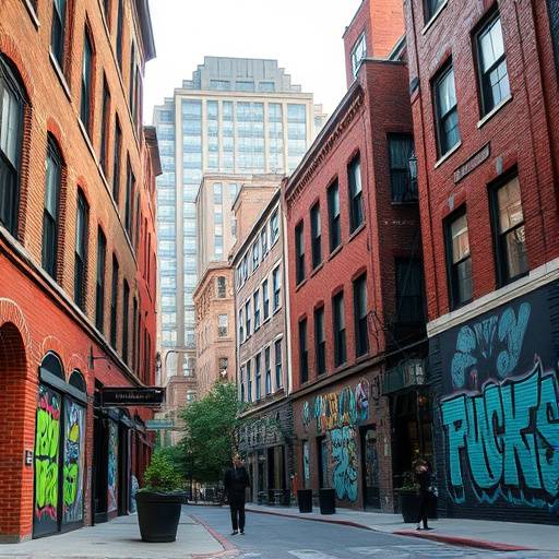 Urban landscape in Atlanta's Old Fourth Ward with brick buildings and street art.